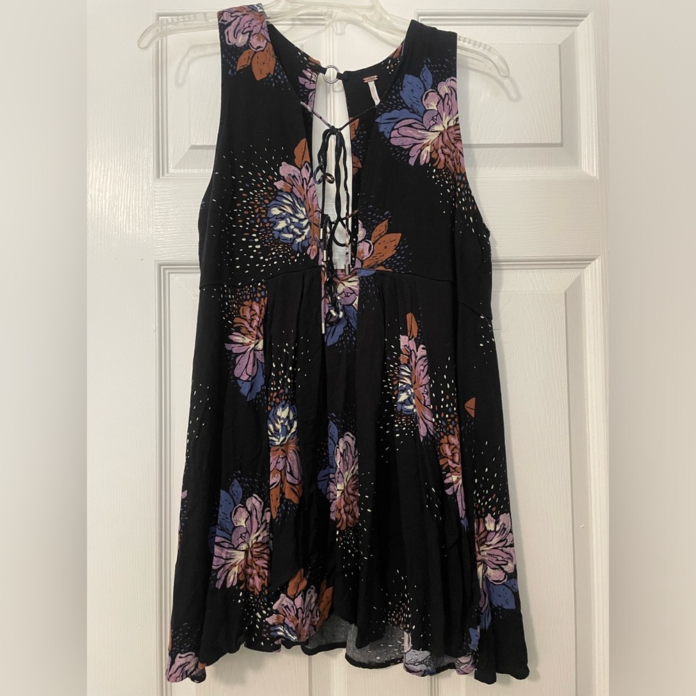 Free People Black Floral Tie Tunic Top